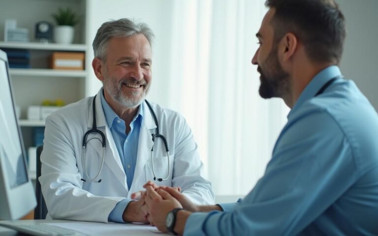 Homme de plus de 50 ans en consultation médicale sur la chirurgie de la graisse abdominale.