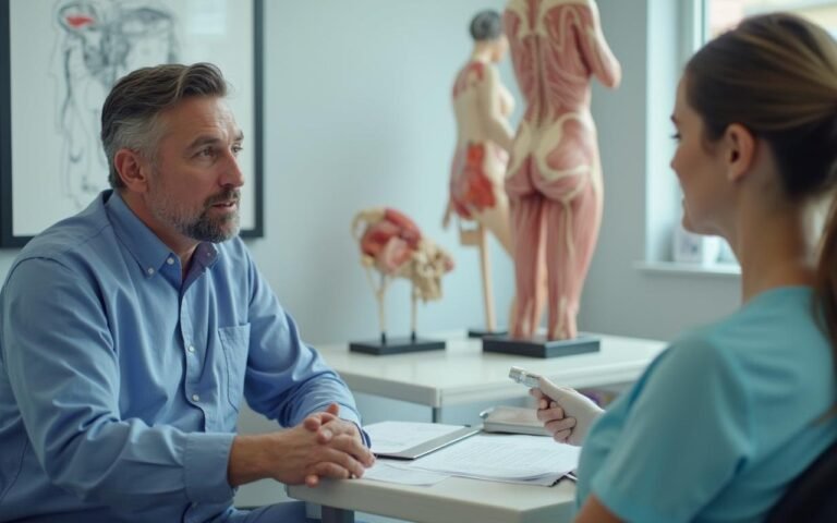 Consultation médicale sur les risques de l'augmentation des fesses dans un cabinet esthétique.