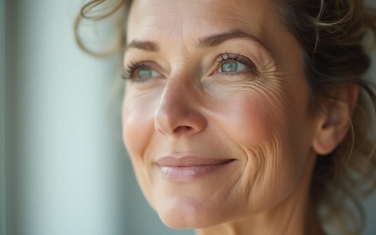Femme de 50 ans avec un visage rajeuni et naturel après une intervention esthétique