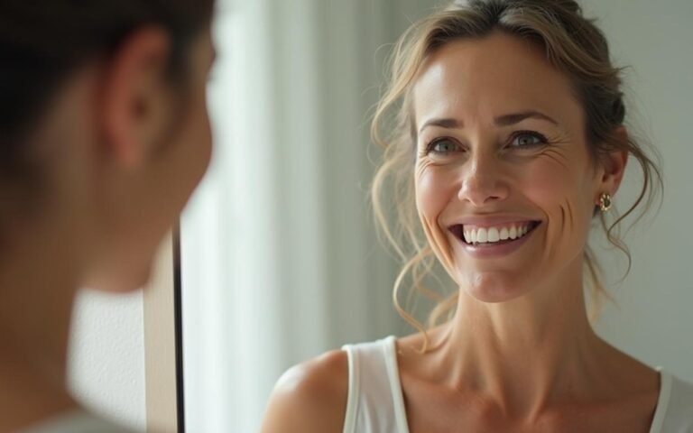 Femme d'âge mûr admirant son corps après une chirurgie esthétique.