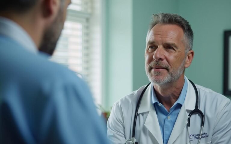 Homme mature en consultation pour chirurgie esthétique du ventre.
