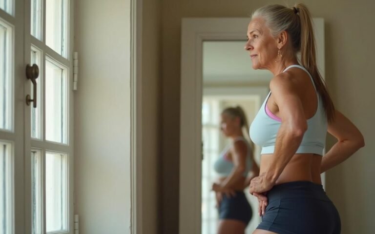 Femme de plus de 50 ans examinant ses cuisses dans un miroir, préoccupée par leur apparence.