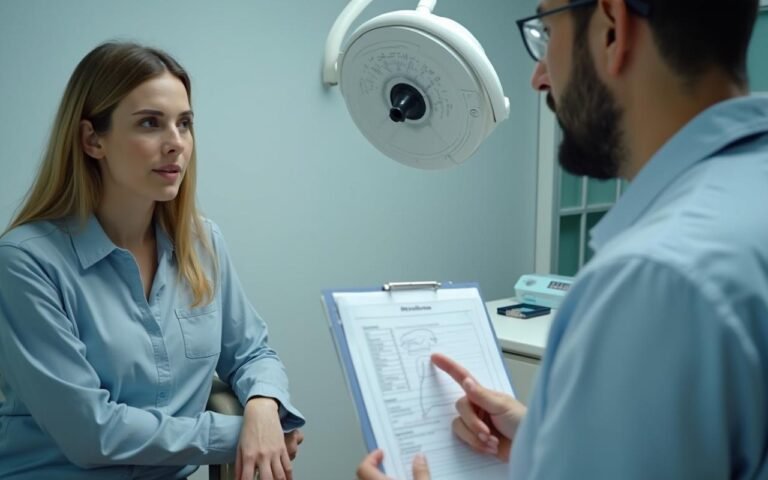 Femme en consultation médicale pour discuter de la liposuccion culotte de cheval après 30 ans