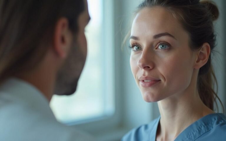 Consultation entre un patient et un chirurgien pour corriger l'asymétrie du menton.