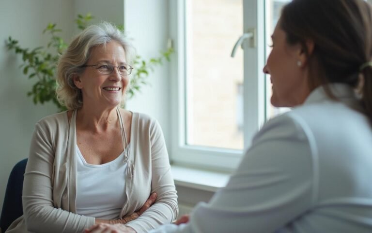 Femme de plus de 50 ans en consultation médicale pour réduction mammaire.