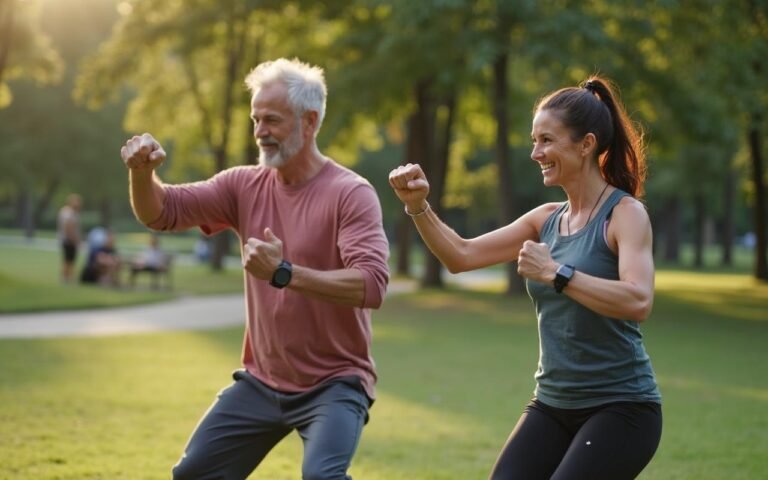 Homme et femme d'âge moyen faisant de l'exercice ensemble dans un parc.