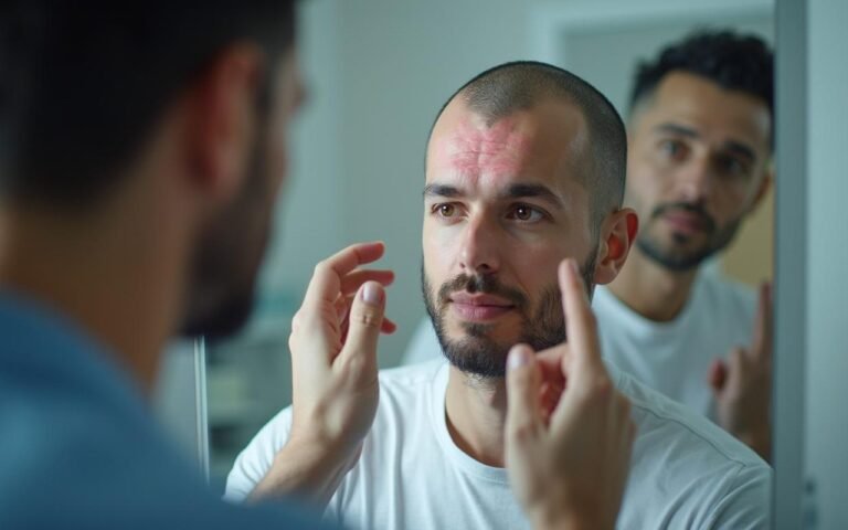 Patient en consultation post-greffe de cheveux, observant son cuir chevelu.
