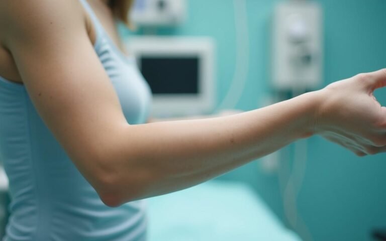 Résultats d'une chirurgie de brachioplastie sur un bras féminin tonique.