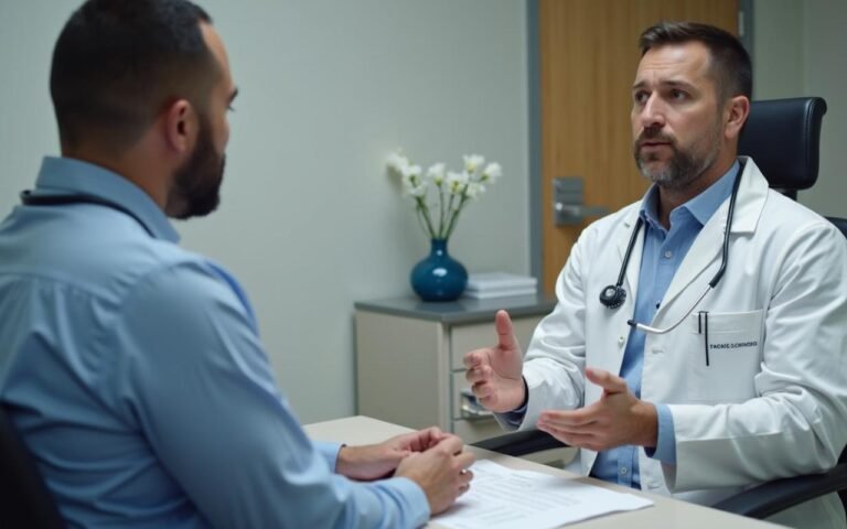 Homme en consultation pour chirurgie de silhouette après amaigrissement.