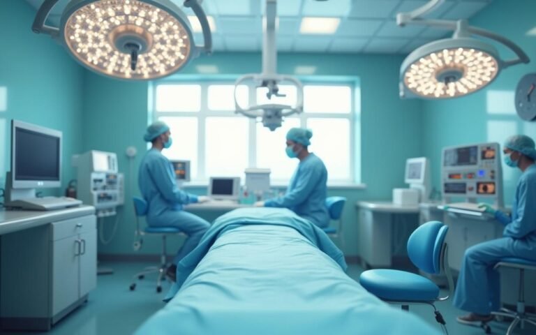 Salle d'opération moderne pour liposuccion abdominale avec équipements avancés.