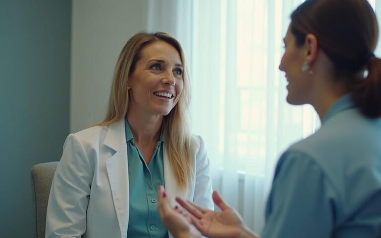 Femme en consultation pour chirurgie esthétique abdominale