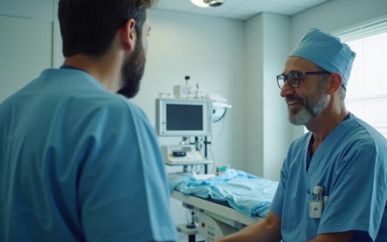 Consultation entre un patient et un chirurgien dans une clinique de chirurgie post-bariatrique en Tunisie.