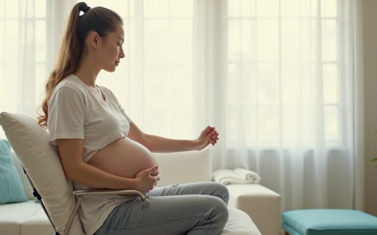 Femme faisant des exercices de rééducation post-partum dans un cadre apaisant.