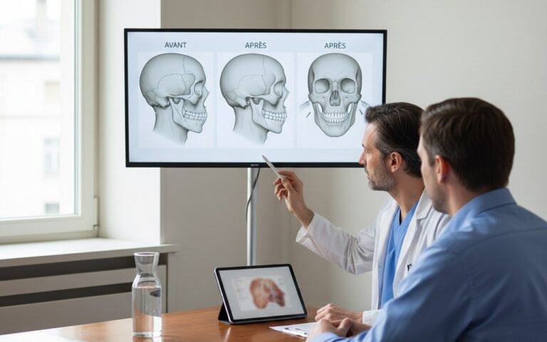 Homme en consultation pour chirurgie de la mâchoire, montrant des images avant/après.