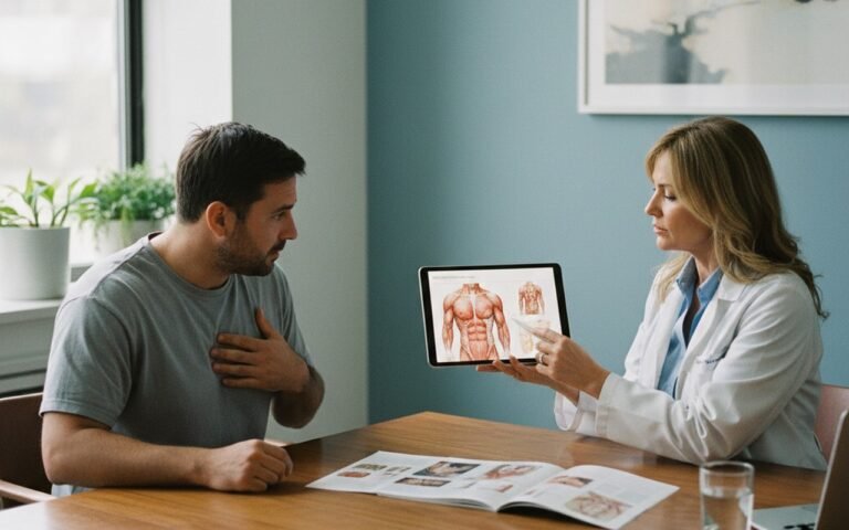 Consultation médicale pour la chirurgie de gynécomastie chez un homme.