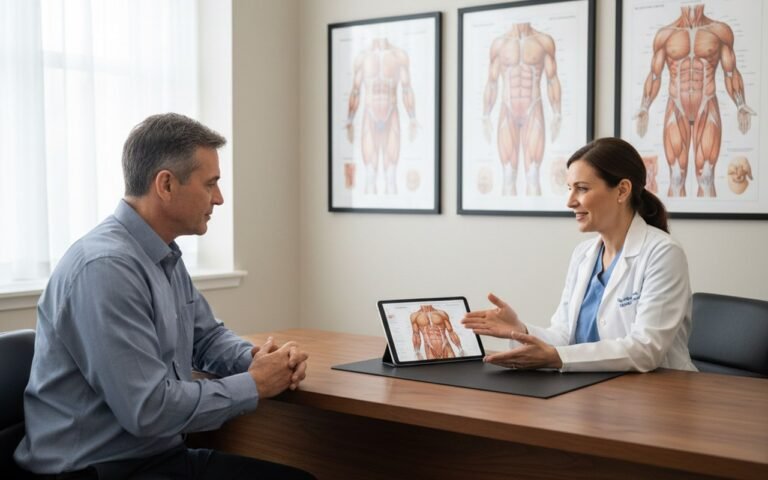 Homme en consultation pour une abdominoplastie masculine, discutant avec un chirurgien.