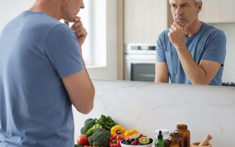Homme réfléchissant à des ajustements alimentaires pour réduire la gynécomastie.