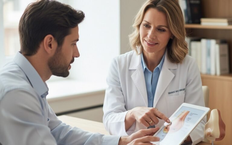 Homme en consultation pour rhinoplastie masculine, discutant de solutions esthétiques.
