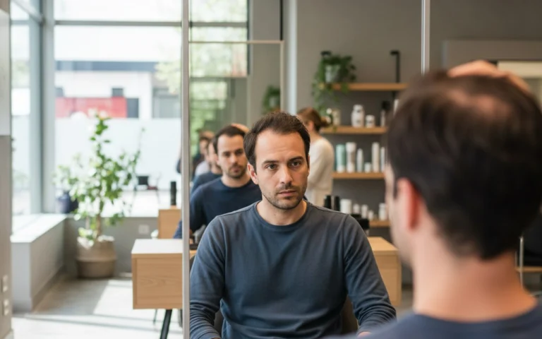 Homme observant les signes de calvitie débutante dans un miroir de salon de coiffure.