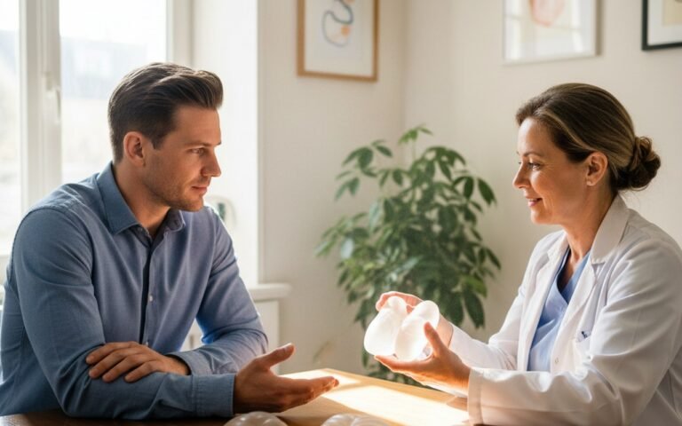Consultation médicale pour implants pectoraux chez un homme.