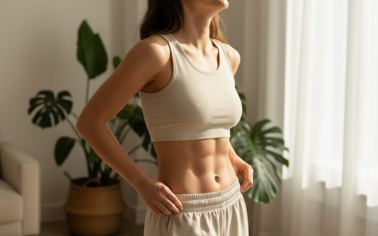 Femme montrant son ventre plat après liposuccion VASER, cadre naturel.