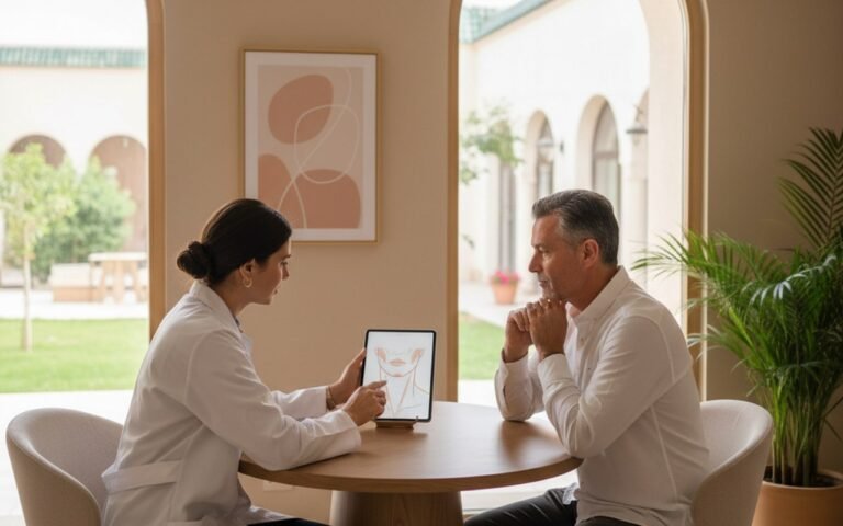 Homme en consultation pour liposuccion du double menton en Tunisie.