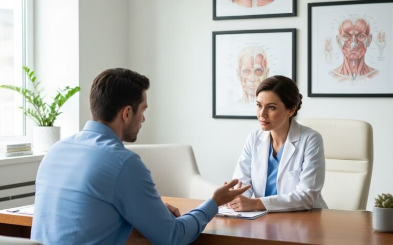 Homme en consultation préopératoire pour liposuccion et abdominoplastie.