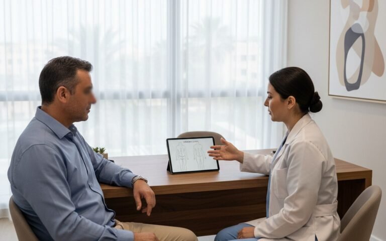 Consultation pour liposuccion VASER en Tunisie avec un homme et un médecin.