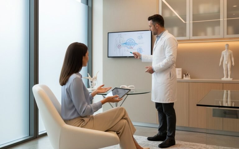 Femme en consultation pour liposuccion VASER dans un cadre médical moderne.