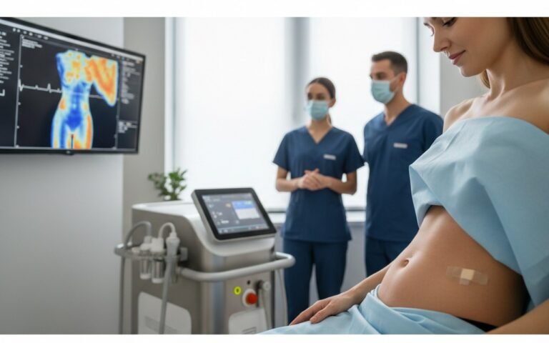 Femme post-partum satisfaite après une liposuccion VASER dans un cadre médical.