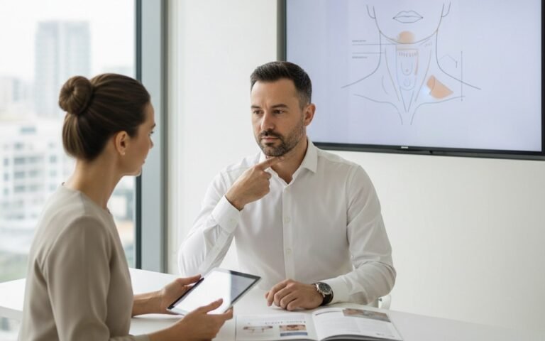 Homme en consultation pour liposuccion VASER double menton avec un professionnel de santé.