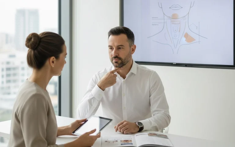 Homme en consultation pour liposuccion VASER double menton avec un professionnel de santé.