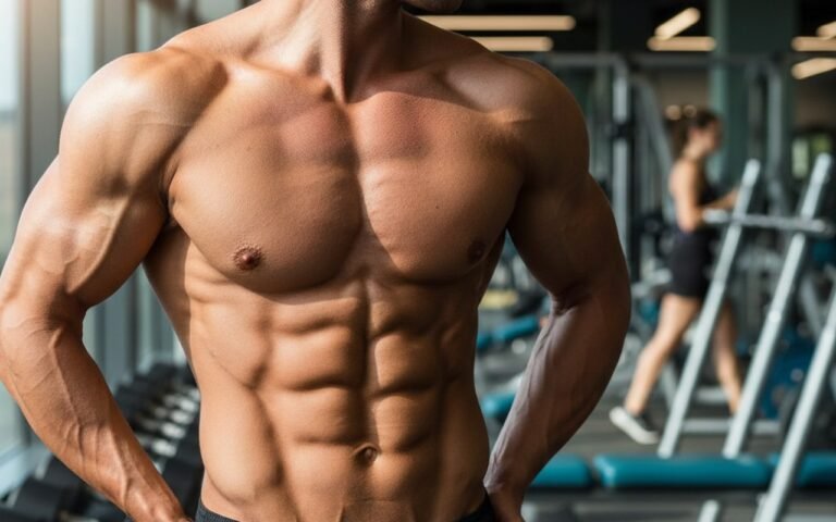Homme torse nu avec abdominaux et pectoraux sculptés après liposuccion VASER.
