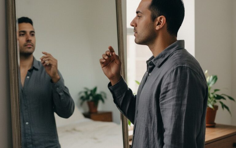 Homme d'origine ethnique diverse réfléchissant à une rhinoplastie devant un miroir.