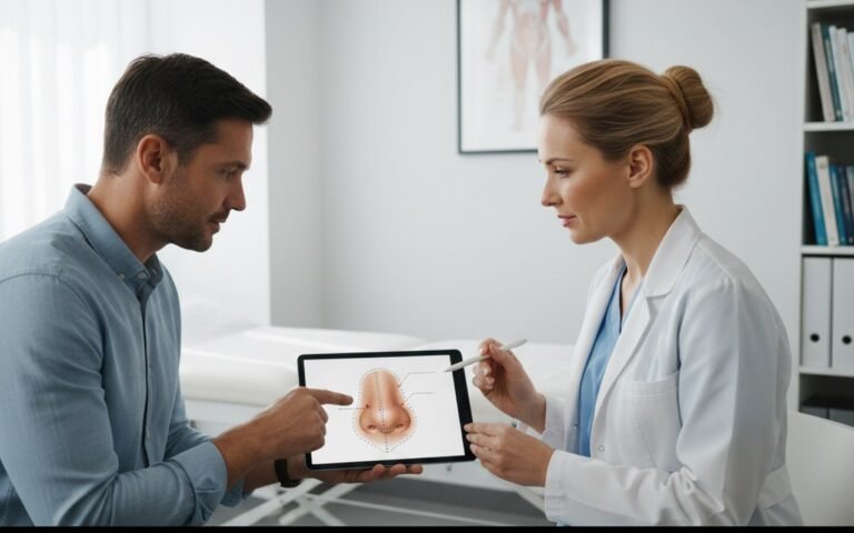 Homme en consultation pour une réduction de la largeur du nez avec un chirurgien esthétique.