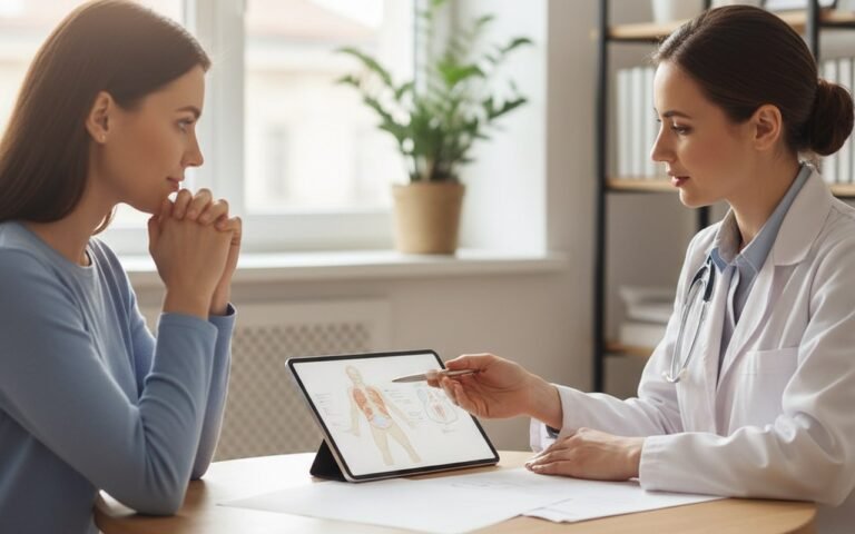 Femme en consultation médicale pour la réduction des tétons