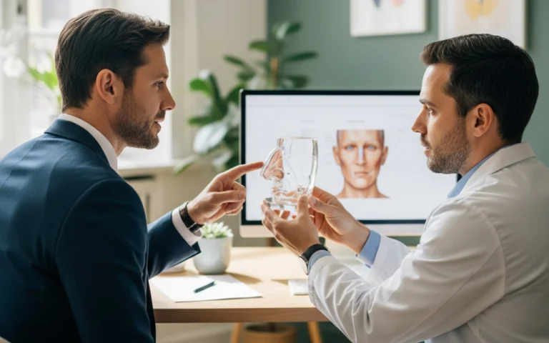 Consultation entre un homme et un chirurgien esthétique sur la rhinoplastie masculine.