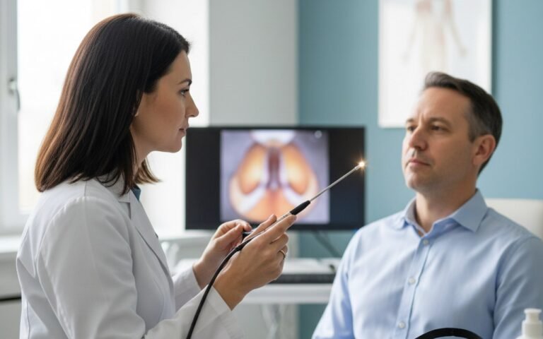 Consultation médicale pour évaluer des problèmes respiratoires chez un homme.