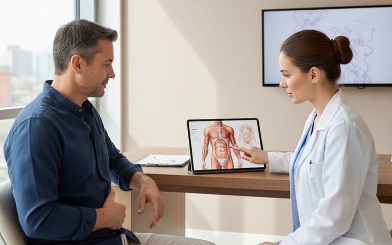 Homme en consultation pour chirurgie du ventre flasque avec un chirurgien plasticien.