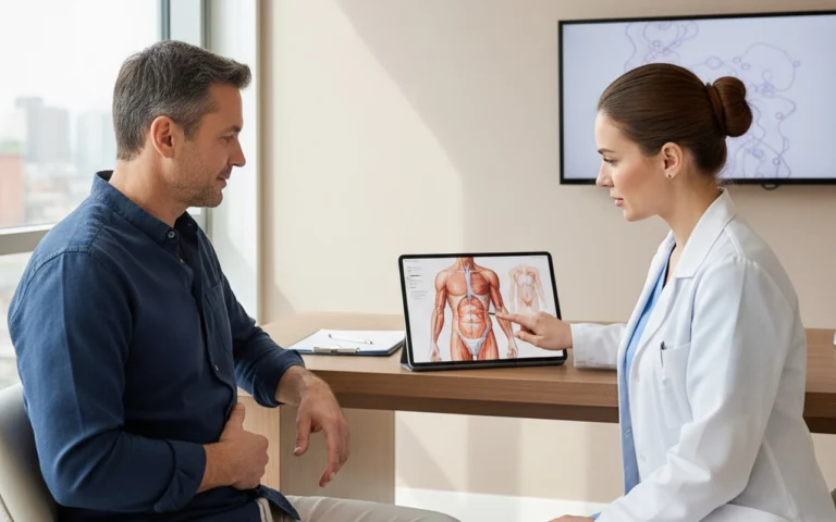 Homme en consultation pour chirurgie du ventre flasque avec un chirurgien plasticien.