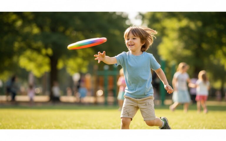 Enfant souriant après une otoplastie, jouant dans un parc.
