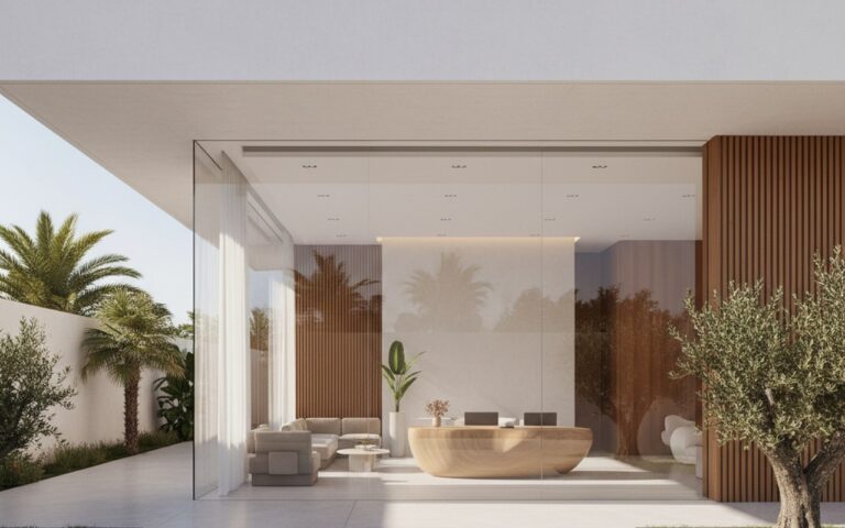Clinique de chirurgie esthétique moderne en Tunisie, architecture contemporaine et environnement accueillant.