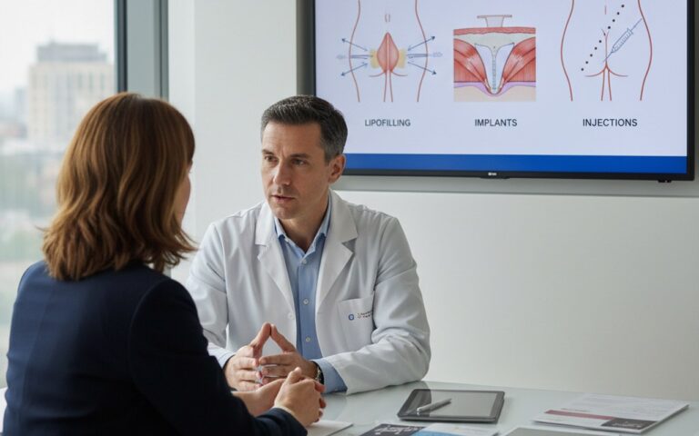 Consultation pour augmentation des fesses avec un chirurgien esthétique, différentes techniques présentées.