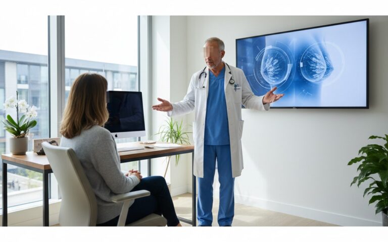 Consultation pour réduction mammaire entre une femme et un chirurgien dans un cabinet médical.
