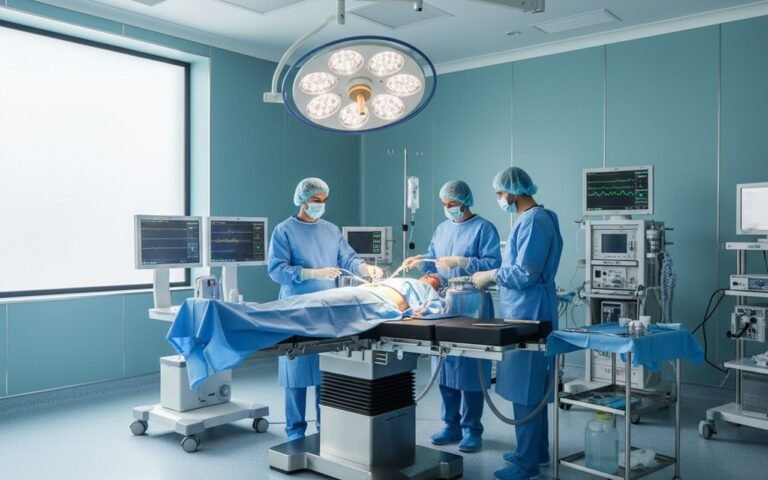 Salle d'opération moderne dans une clinique de liposuccion en Tunisie avec équipements avancés.