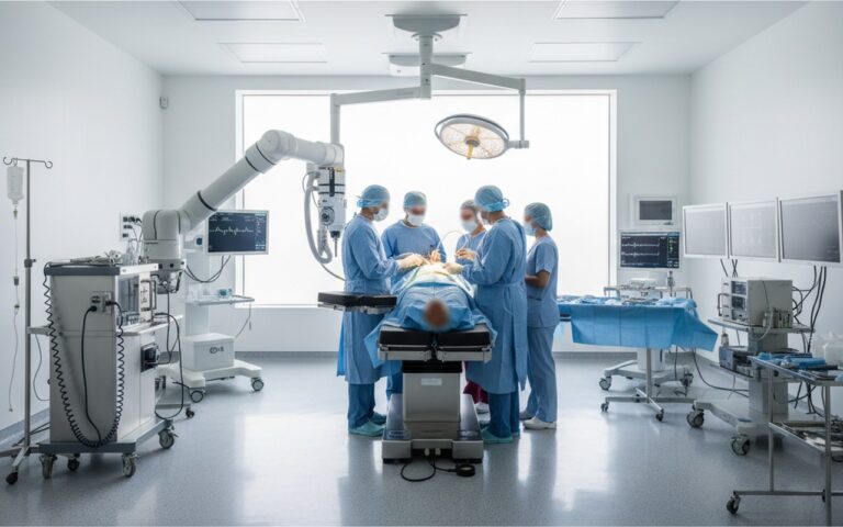 Salle d'opération moderne dans une clinique esthétique en Tunisie pour réduction mammaire.