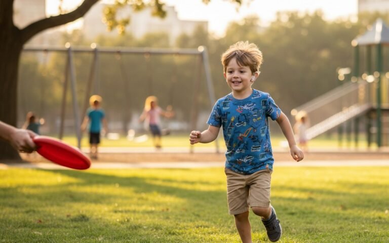 Un enfant heureux après une otoplastie, jouant dans un parc.