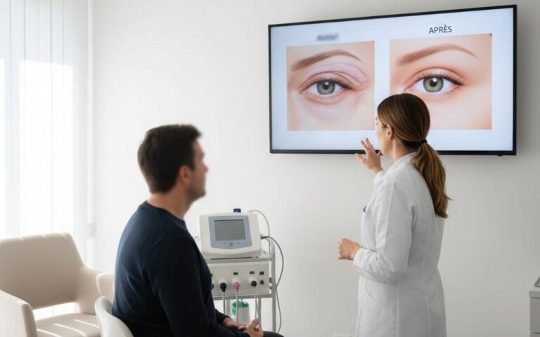 Consultation pour blépharoplastie avec illustrations des paupières.