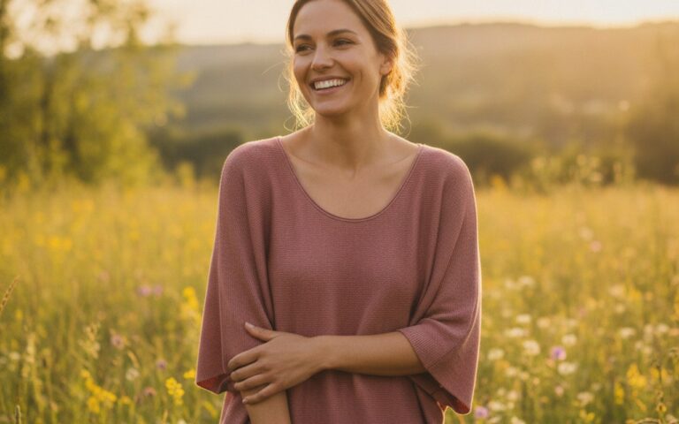 Femme souriante après réduction mammaire, mettant en valeur une silhouette harmonieuse.